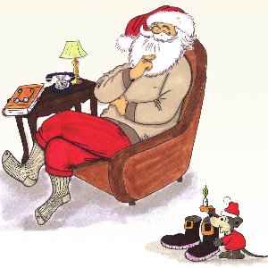 Der Weihnachtsmann sitzt im bequemen
				Pullover und Socken in seinem Sessel und ruht sich aus.
				Eine Maus steht an seinen Stiefeln, die etwas entfernt
				von seinem Sessel stehen.