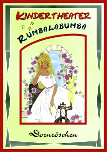 Dornröschen sitzt schlafend mit weitem weißem Kleid
				und Prinzessinenkrone im blonden Haar am Spinnrad; vor einem
				Torbogen, den Rosen zieren.