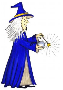 In blau gewandeter, weißhaariger Zauberer mit spitzer Mütze, Zauberstab und Glaskugel.